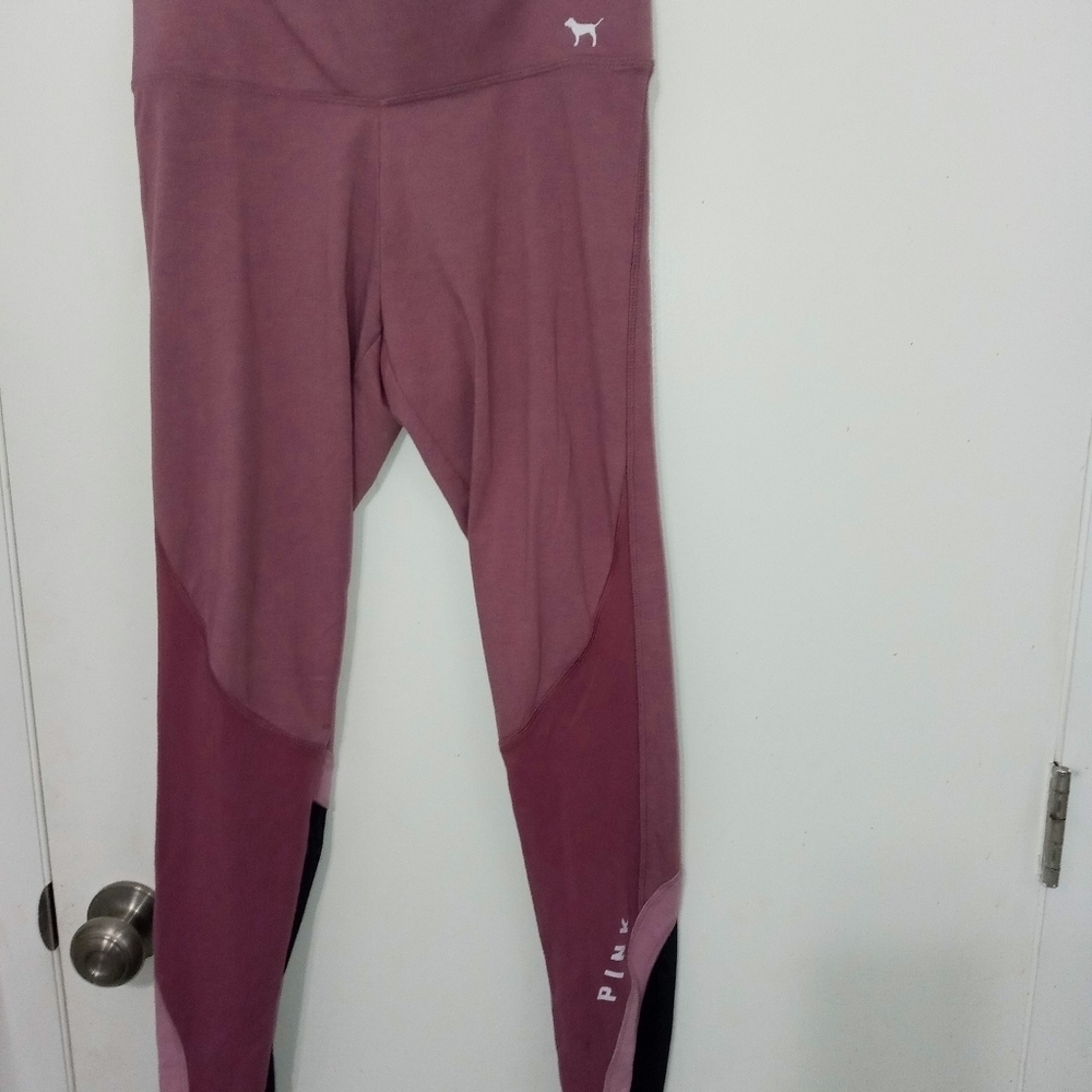 Pink by Victoria's Secret Yoga Athletic Leggings Mauve and Black Mesh at bottom